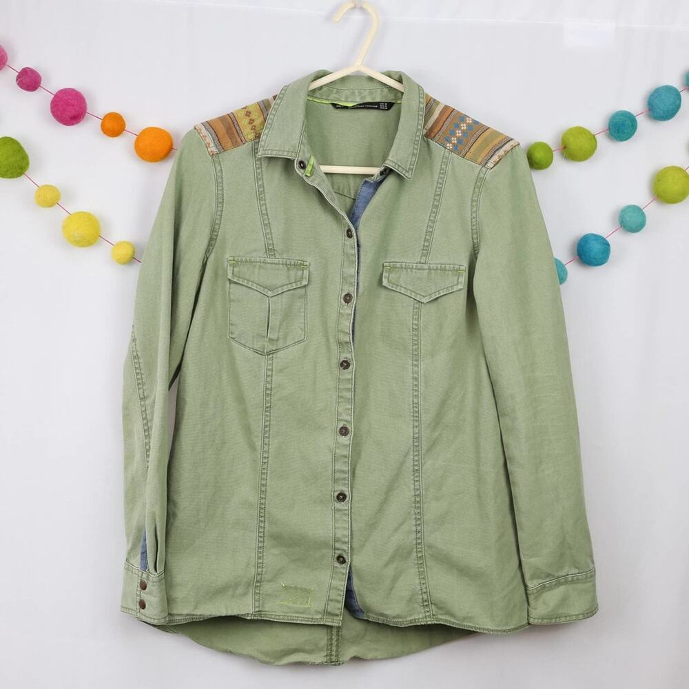 Zara Trafaluc Green Tribal Canvas Button Down Long Sleeve Oxford Top Shirt Med